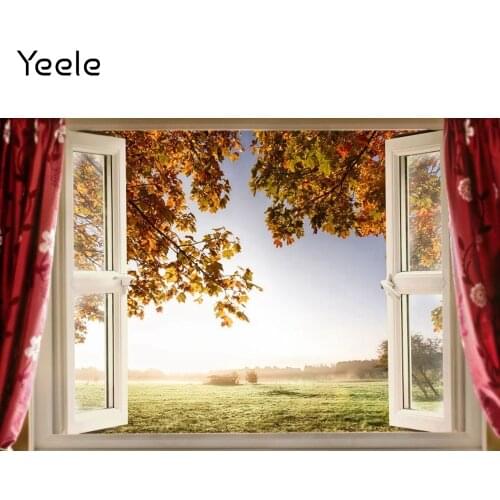 Yeele Autumn Natural Scenery Leaves Window Curtain Photography Backdrop Baby Birthday Photographic Background Vinyl Photo Studio