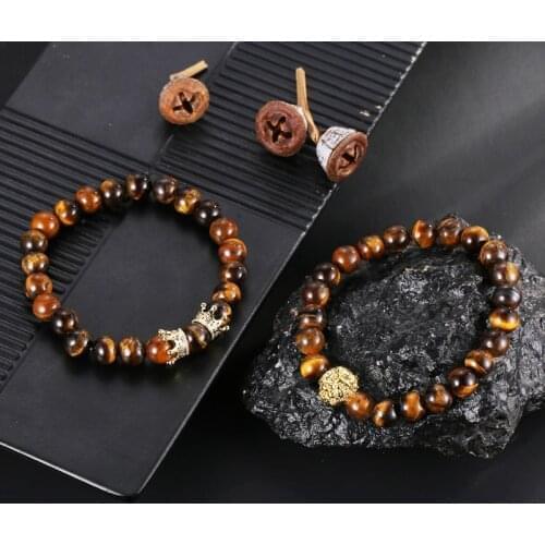 Women Men Micro Inset Zircon Small Crown Lion Head Personality Jewelry Tiger Eye Stone Beads Bangle Bracelet 2/Set 2019 New