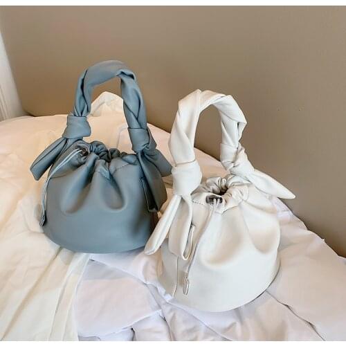 Casual Drawstring Bucket Bag for Woman PU Leather Crossbody Shoulder Handbags Female Ladies Solid Color Tie Knot Totes Purse