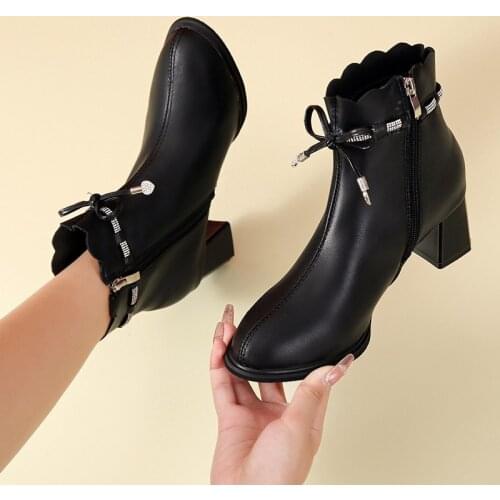 Women Ankle Boots 2020 Autumn Winter Shoes Med Heels Bare Boots Bow Dress Shoes Female Boots Wave White Botas Mujer