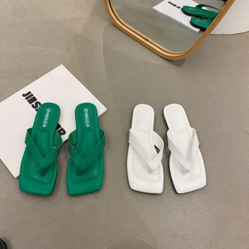 Women Fashion Summer Shoes Flip Flop With Square Head And Flat Slipper Woman Bottom And Clip Toe Leather Slippers And Sandals