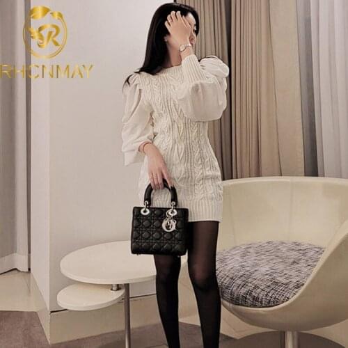 2021 Autumn Winter New Fashion Patchwork Long Sleeve dress Sweater Womens Knit O-neck Temperament Slim Dresses