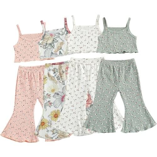 2 Pcs Toddler Floral Outfits, Baby Girl Sleeveless Spaghetti Strap U-shaped Neck Tank Top + Flared Pants (Pink) 18M-6T