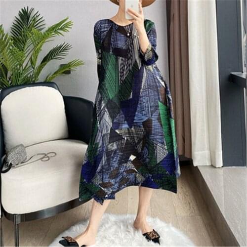 2021 Spring Miyake Pleated Womens 7 minutes of sleeve collar Dress abaya dubai Vintage Overall floral print dress Dresses Women