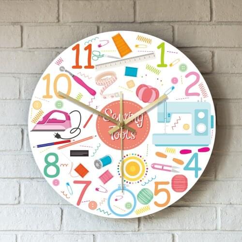 Acrylic Printed Wall Clock Sewing Kit Work Tools Icons Set Knitting Sewing Craft Stitching Machine Wall Watch Tailor Shop Decor