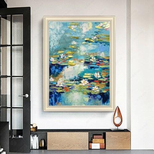 European Decorative hand-painted Oil Painting Scenery Water Lily Paintings To Pick An Empty Living Room Entrance Mural Of large