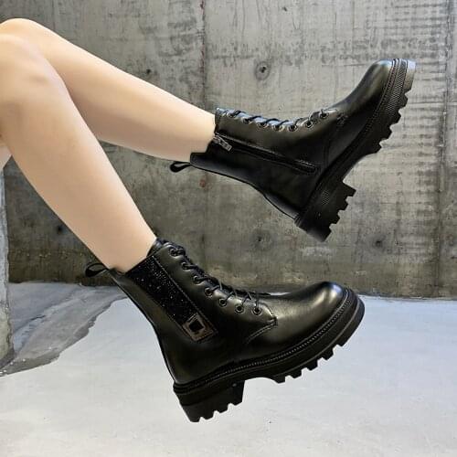 Nice Spring Women White Boots Autumn Vogue Black Leather Platform Boots Gothic Boots Punk Combat Mid-Calf Boots for Women
