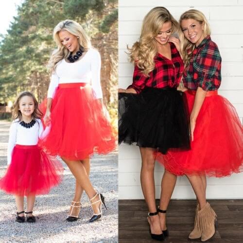 Fashion Mother Daughter Family Matching Clothes Solid Skirt Womens Kid Baby Girls Lace A Line Skirt 2019