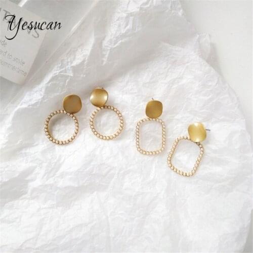 Yesucan Trendy Gold Color Imitation Pearls Earrings Ethnic Vinatge Geometric Round Circles Pierced Jewelry Clip Earrings