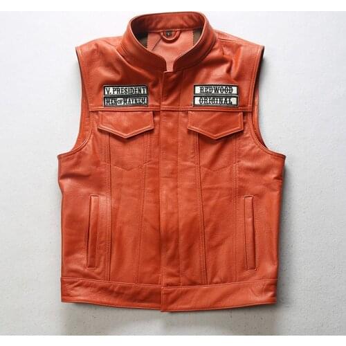 2021 Black Men Skulls Embroidery Bikers Leather Vest Plus Size XXXXL Genuine Sheepskin Spring Slim Fit Short Motorcycle Vest