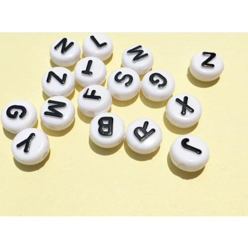 New Arrival Flat Coin Round Shape Acrylic Letter Beads 6*10MM White with Black Initial Alphabet Plastic Jewelry Spacer Beads