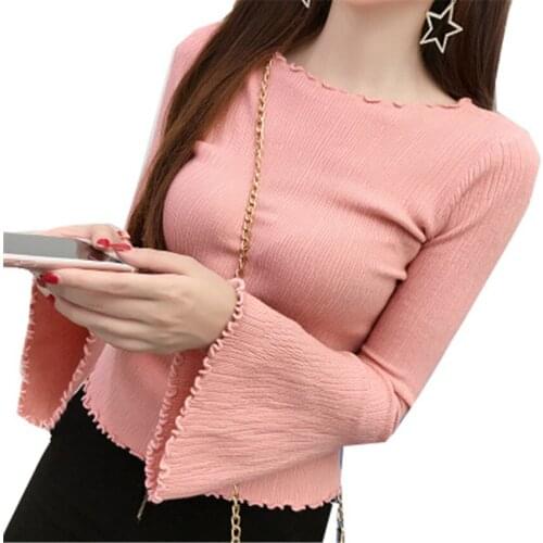 New Spring Fashion Slim Women Short Sweater Female Flare Sleeve knitted Sweater Ms Basic Short Tops Pullovers Bottomings WZ211