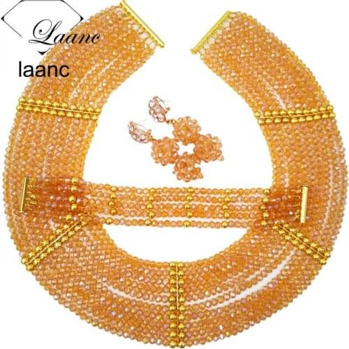 Handmade New Gold AB Crystal Beaded Costume Nigerian African Wedding Beads Jewelry Necklaces Set CHK002