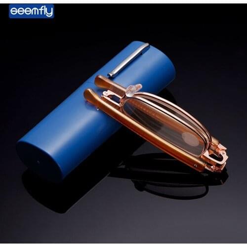 Seemfly Women Men Folding Small Frame Metal Reading Glasses Pen Holder Resin Presbyopic Glasses Diopters +1.0 +4.0 With Case