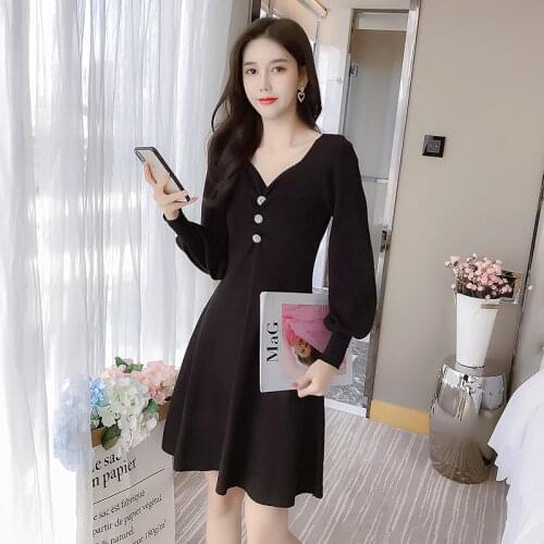 Sexy Dresses Women V-neck Slim Knit Dress with Waist Lantern Sleeve Mini A-line Dress