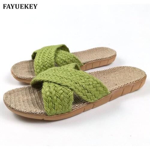 FAYUEKEY Summer Home Linen Non-slip Breathable Slippers Women Cross Belt Outdoor Floor Girls Gift Beach Open-Toed Slippers Shoes