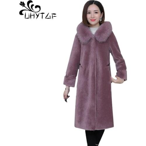UHYTGF Quality mink cashmere Winter fur coat Women fashion fur collar hooded Sheep Shearing warm Female jacket 4XL plus size 812