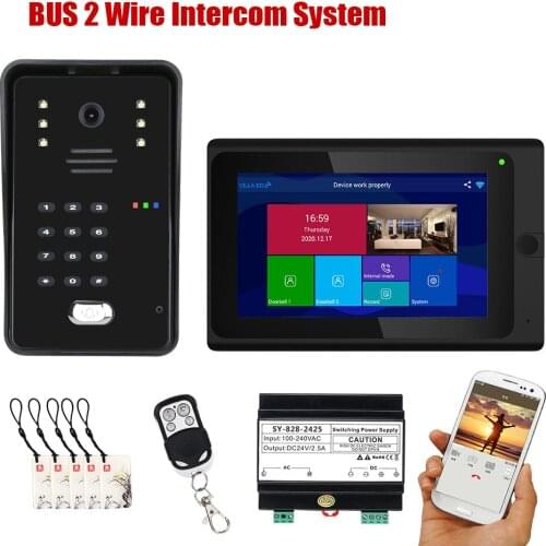 Mountainone Wireless Wifi Handsfree Video Door Phone Intercom 7 Inch BUS 2 Wire RFID Group Talk Remote APP Access Control Kit