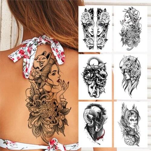 Black Sexy Lady Flower Temporary Tattoos For Women Men Adult Warrior Compass Tattoo Sticker Fake Dinosaur Wolf Tatoos Back Body