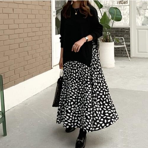 2020 Autumn Women Dress Plus Size 5XL Ladies Vestidos Long Sleeve T-Shirt Dress Patchwork Dress Cotton Print Robe Fake Two Piece
