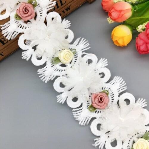 1 Yard Vintage Cotton Rose Flower Chiffon Lace Trim Applique Ribbon African Fabric Wedding Dress Clothing DIY Sewing Craft