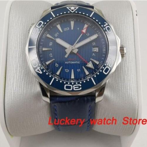 41mm no logo Luxury watch blue dial Luminous saphire glass;Leather strap GMT Automatic mens Mechanical Watches-BA190