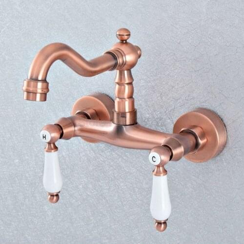 Antique Red Copper Wall Mounted Kitchen Sink Vessel Faucet Dual Ceramic Lever Swivel Spout Bathroom Basin Taps tsf901