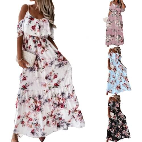 Bohemian Women Dress Low Cut Cold Shoulder Short Sleeves Floral Print Maxi Dress for Cocktail