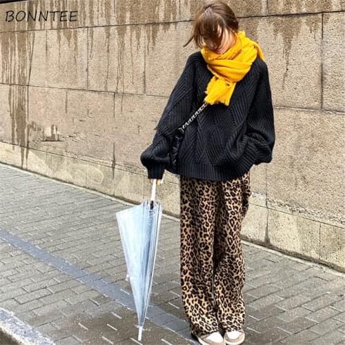 Wide Leg Pants Women Leopard High Waist Loose Streetwear Chic Casual All-match Feminino Trousers Autumn Korean Style Fashion New