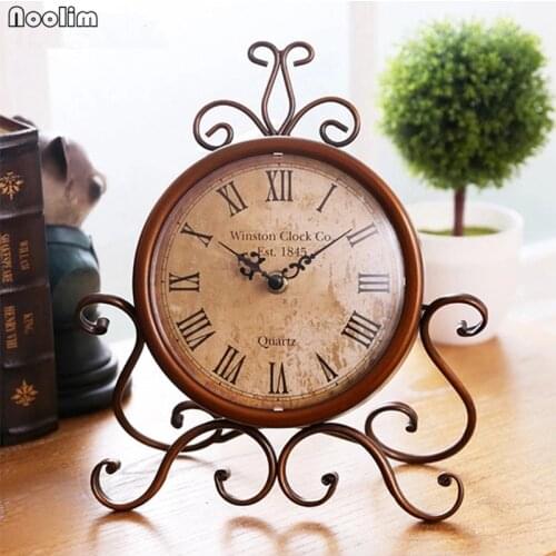 NOOLIM European Antique Luxury Iron Clock Living Room Home Vintage Clock Table Clock Retro Roman Digital Desktop Ornaments
