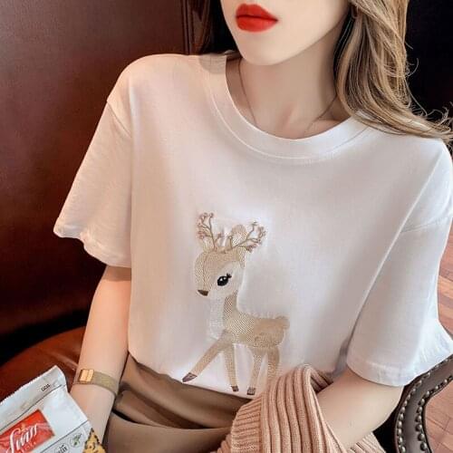 Summer Short Sleeve Fashion embroidery Lady T-shirts Top Retro Small Deer embroidered T Shirt Womens T-Shirt white Loose Tops