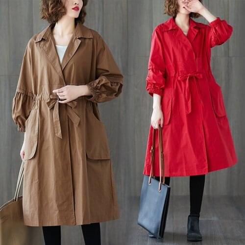Cotton Caramel Plus Size Windbreaker Jacket For Women Autumn New Drawstring Waist Lantern Sleeve Fashion Long Overcoats aq1171