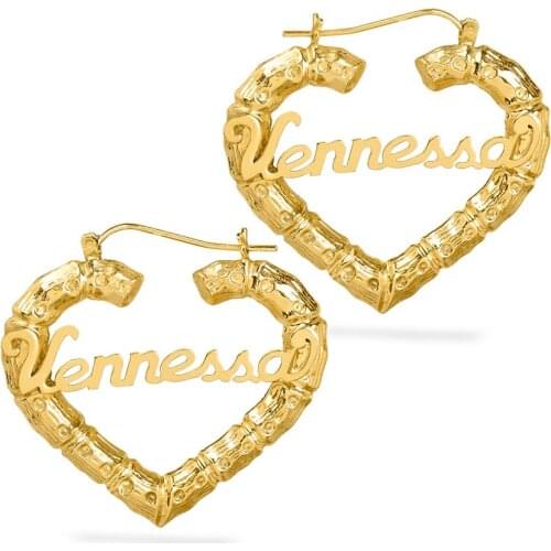 Custom Bamboo Name Earrings Double Gold Plated Stainless Steel Name Heart-shaped Earrings Personalized Jewelry Gift For Women
