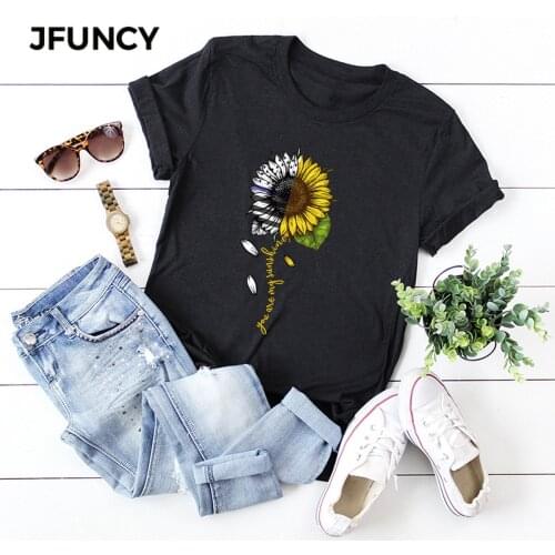 JFUNCY Sunflower Print New T Shirt Women Short Sleeve Loose Tshirt Woman Summer Cotton Tee Shirts Plus Size Female Tops Mujer