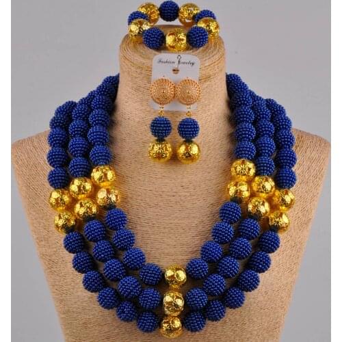 Royal blue african jewelry set 24 inches long necklace simulated pearl nigerian beads FZZ22