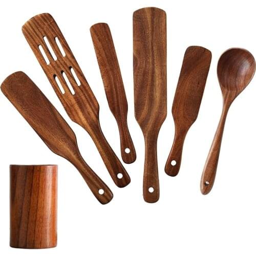 Spurtle Set, Wooden Spurtle Kitchen Set, 7 Pcs Natural Teak Kitchen Utensil Set Heat Resistant Non Stick Wood Cookware