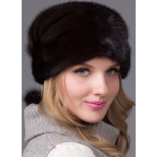 Natural Fur Hat For Winter Womens Leather Mink Fur Cap With Fur Ball and Diamond Accessories High-End Womens Brand DHY-46