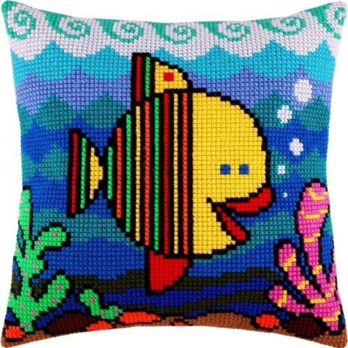 Cross Stitch Cushion Cover Cartoon Fish Needlepoint Kits Pre-Printed Canvas Chunky Yarn Cross-stitch Pillow Case Arts & Crafts