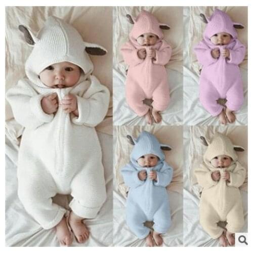 New Style Childrens Clothing Solid Color Warm Rabbit Ears Cute Hooded Long Sleeve Outwear One Piece Suit Creeper