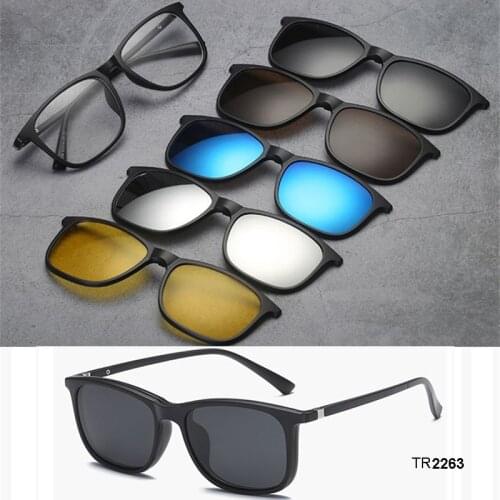 Brightzone 2019 New 5pcs Magnetic Clip-on Polarized Night Vision Retro Sunglasses Men Tr90 Eyeglass Frames Vintage Glasses