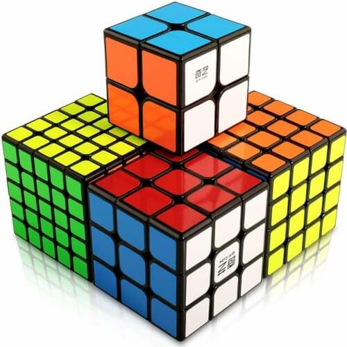 Qiyi 4 Pack Magic Cube Bundle 2x2x2 3x3x3 4x4x4 5x5x5 Black Twist Speed Puzzle Cube Set Professional Safe ABS Ultra-Smooth Toy