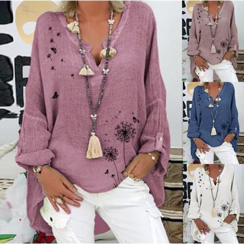 Women Long Sleeve Loose Deep V-neck Shirt Casual Dandelion Printing Blouse Top Solid Color All-match Lovely Girls T-shirt
