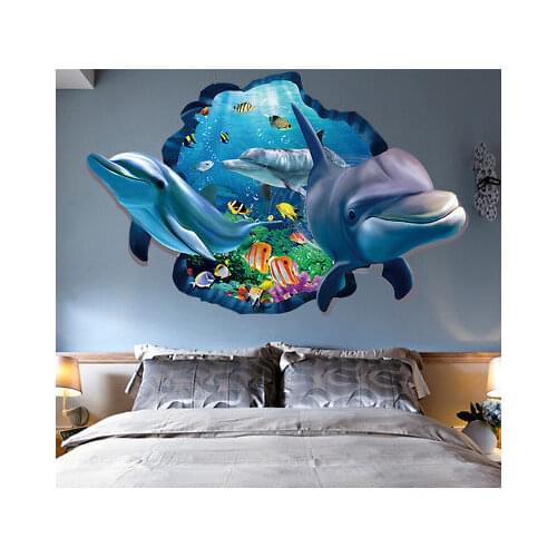 1Pcs Removable DIY Wall Art Stickers Blue Dolphin Vinyl Mural PVC 3D Bedroom Home Decors Sticker 90x60cm