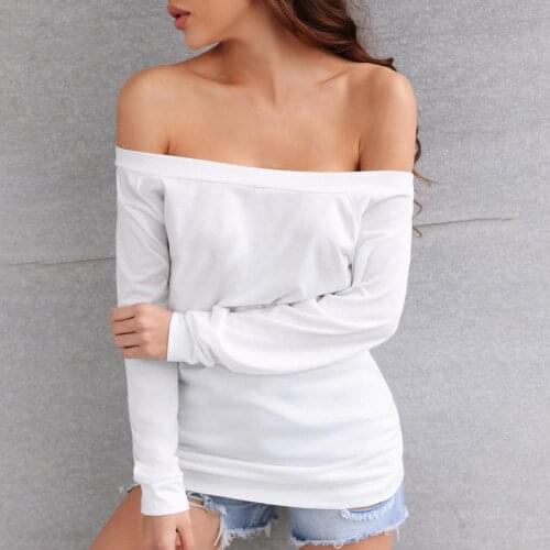 Women Slash Neck Solid Color Sexy T-shirt Spring Autumn Long Sleeve Elastic Tops Loose Fashion Woman Pullovers 2021