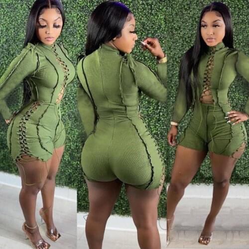 Casual Drawstring Frayed Jumpsuit Women Sexy Hollow Out Lace Up O Neck Long Sleeve Biker Shorts Slim Playsuit Romper Outfits