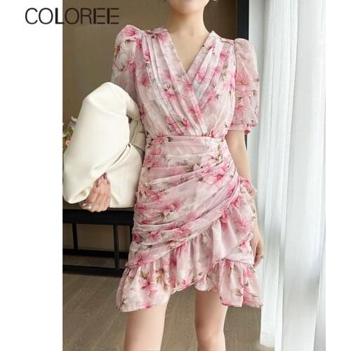 Elegant Ruffles Pink Floral Printed Mermaid Dresses for Women 2021 Summer V-neck Short Sleeve Mini Dress Korean Fashion Vestidos