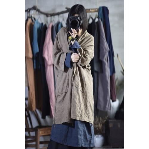Women Autumn Solid Color Vintage Linen Trench Coat Outerwear Ladies Retro Flax Coat Female Washed Long Coat 2020