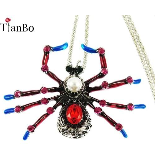 TianBo Enamel Big Spider Crystal Punk Retro Alloy Pendant Long Necklace Women 's Jewelry Vintage Halloween Costume Accessories