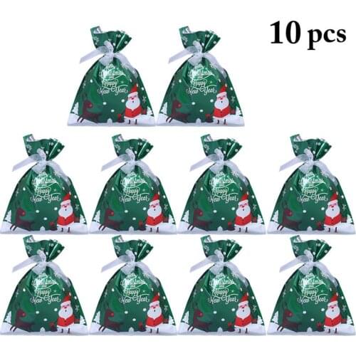 10pcs Christmas Cartoon Gift Bags Reusable Holiday Treat Bag Xmas Candy Bag With Tie Children Gift Party Supplies Party Favors