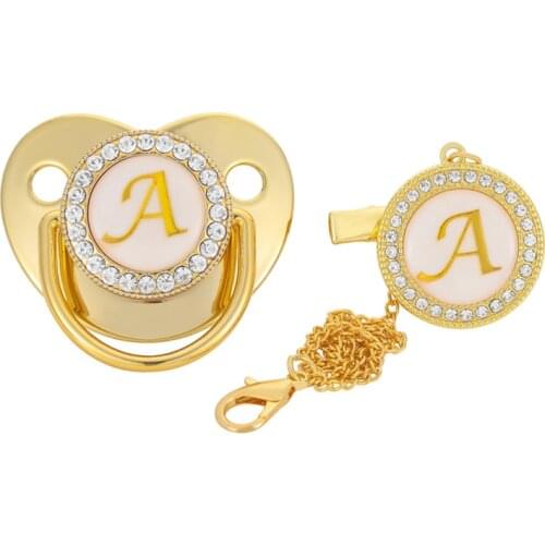 26 Name Initial Letter Baby Pacifier and Pacifier Clips BPA Free Silicone Infant Nipple Luxury Rhinestone Newborn Dummy Soother